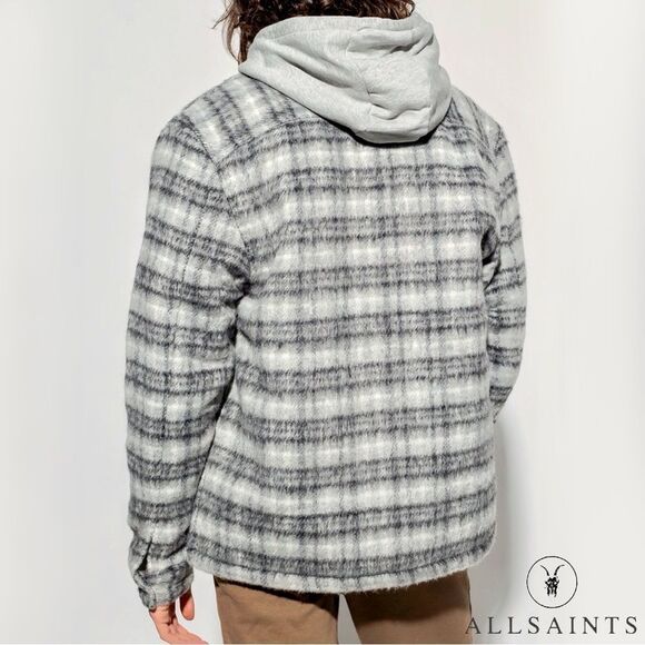 All Saints **NWT** Anvik Sherpa-Lined Wool Blend Check Plaid Jacket Light Grey - Picture 2 of 14